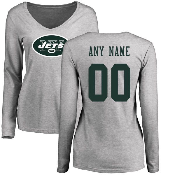 Women New York Jets NFL Pro Line Ash Custom Name and Number Logo Slim Fit Long Sleeve T-Shirt->nfl t-shirts->Sports Accessory